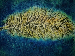 ink drawing of grass seedhead with watercolor